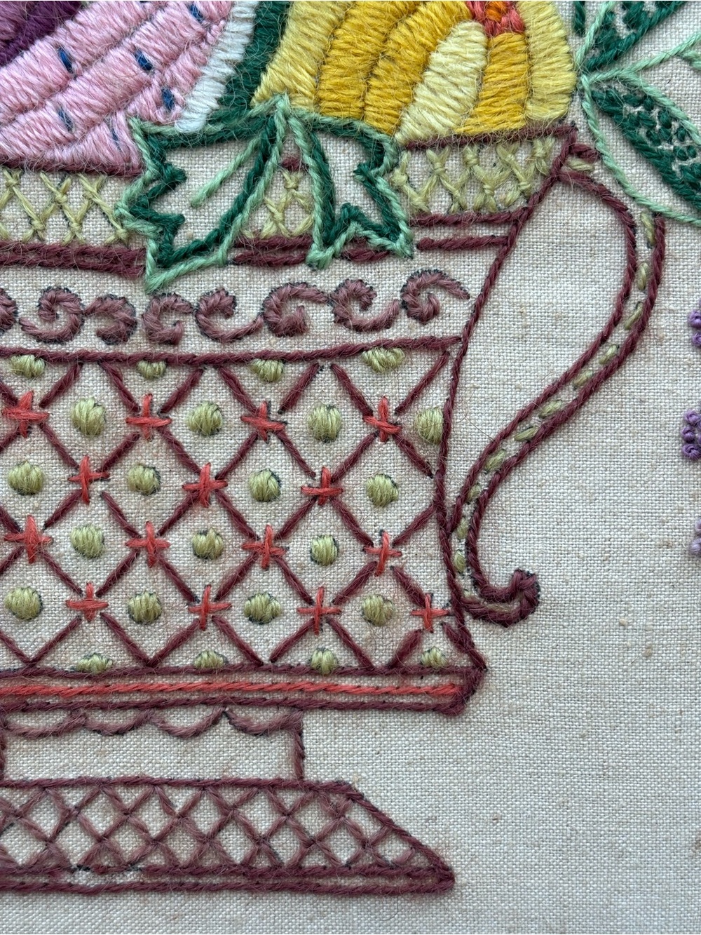 Vintage Hand-Embroidered Needlepoint Floral Fruit Basket Wall Art 14" x 14" - Picture 11 of 17